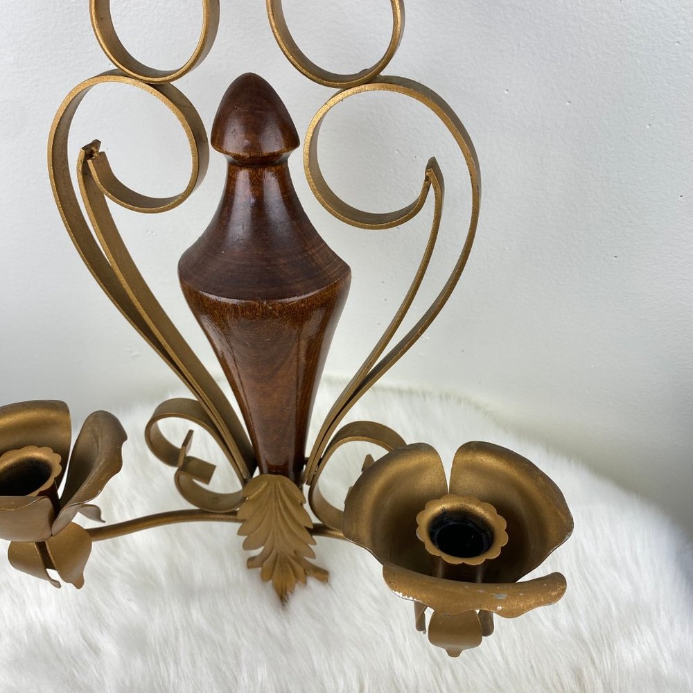 Vintage Wood & Brass Rose Candle Holder Wall Hanging 17.5" X 9.5" X 4" - Picture 3 of 10